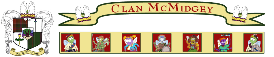 Clan McMidgey banner with the crest and clan portraits